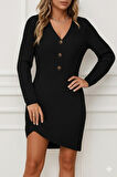 EQURİ Kadın Uzun Kollu V Yakalı önden Düğmeli Kısa Triko Elbise