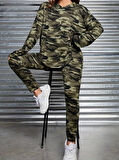 EQURİ Kadın Uzun Kollu Kapşonlu Kamuflaj Desenli Bluz Ve Pantolon Tayt Ikili Takım