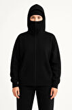 EQURİ Samuray Ninja Çift Kapşonlu ZIP Fermuarlı Kanguru Çepli Hoodie Maske Detaylı Swetshirt - Siyah