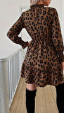 EQURİ Kadın Uzun Kollu Yarı Balıkçı Yaka Leopar Desenli Modal Mini Elbise