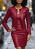 EQURİ Kadın Uzun Kollu önü Açık Deri Ceket Ve Askılı Yuvarlak Yakalı Mini Elbise Ikili Takım