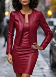 EQURİ Kadın Uzun Kollu önü Açık Deri Ceket Ve Askılı Yuvarlak Yakalı Mini Elbise Ikili Takım