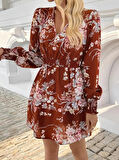 EQURİ Kadın Uzun Kollu Kruvaze Yakalı çiçek Desenli Mini Süprem Elbise