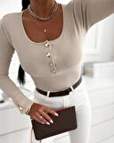 EQURİ Kadın Uzun Kollu Yakadan Açık Ve Düğme Detaylı Kaşkorse Bluz