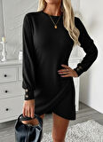 EQURİ Kadın Uzun Kollu Bisiklet Yaka önden Asimetrik Kesim Detaylı Mini Yumoş Elbise