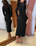 EQURİ Kadın Uzun Kollu Kruvaze Yaka Yandan Toka Detaylı önden çapraz Detaylı Ottoman Elbise