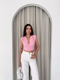 EQURİ Vatkalı Kolsuz V Yaka Drapeli Crop Bluz Likralı Fit - Pembe