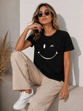 EQURİ Minimal Gülümseyen Yüz Baskılı Tişört Kısa Kol Yazlık T-Shirt - Siyah