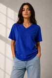 EQURİ V Yaka Basic Tişört Kısa Kol Yazlık Regular Fit T-Shirt - Saks Mavisi