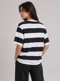 EQURİ Çizgili Oversize Tişört Bisiklet Yaka Kısa Kol Yazlık T-Shirt - Siyah