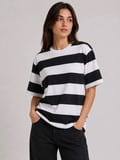 EQURİ Çizgili Oversize Tişört Bisiklet Yaka Kısa Kol Yazlık T-Shirt - Siyah