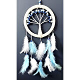 Mavi Beyaz Kuş Tüylü Hayat Ağacı Düş Kapanı Duvar Süsü