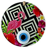 Pembe Flamingolu Çiçekli Nazar Boncuklu 15 Santimetre Çapında Duvar Süsü