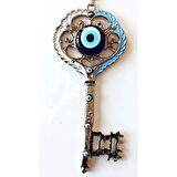 Gümüş Kaplama Nazar Boncuklu Beyaz Ve Mavi Nostaljik Anahtar Şekilli Duvar Süsü