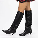 Vegan 6.5 cm Kısa Rahat Topuklu Sivri Burunlu Körüklü Uzun Kadın Çizme