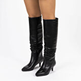 Vegan 6.5 cm Kısa Rahat Topuklu Sivri Burunlu Körüklü Uzun Kadın Çizme