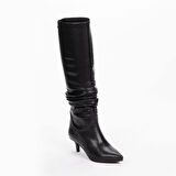 Vegan 6.5 cm Kısa Rahat Topuklu Sivri Burunlu Körüklü Uzun Kadın Çizme