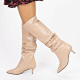 Vegan 6.5 cm Kısa Rahat Topuklu Sivri Burunlu Körüklü Uzun Kadın Çizme