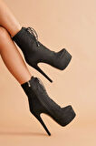 Yüksek Topuk Platform Detaylı Kadın Bot Bağcıklı Zarif Fermuarlı Tasarım Çizme