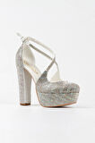 Gümüş Sultan Çift Renk Taşlı Çapraz Model Klasik Topuklu Platformlu Kadın Abiye Ayakkabı Şık
