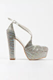 Gümüş Sultan Çift Renk Taşlı Çapraz Model Klasik Topuklu Platformlu Kadın Abiye Ayakkabı Şık