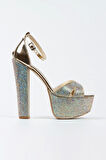 Gold Ayna Janjan Taşlı Çapraz Model Klasik Topuklu Platformlu Kadın Abiye Ayakkabı Kadın Topuklu Şık