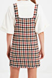 Moda Stil Fitted Kare Yaka Mini Boy Dokuma Ekose Desenli Jile Elbise