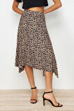 Moda Relaxed Animal Desen Günlük Midi Boy Leopar Desenli Volanlı Asimetrik Midi Esnek Örme Etek