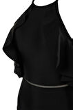 Kadın Moda Sabit Kap Askılı Halter Yaka Siyah Halter Yaka Fırfırlı Regular Mayo