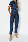 Kadın Moda Standart Kol Boru Paça Ceket Yaka Düz Desen Uzun Kemerli Denim Tulum