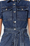 Kadın Moda Standart Kol Boru Paça Ceket Yaka Düz Desen Uzun Kemerli Denim Tulum