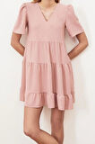 Moda Regular Casual Günlük Aerobin Dokuma V Yaka Kısa Kol Shift Mini Boy Elbise