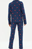 Tarz Rahat Uzun Kollu Boru Paça %100 Pamuklu Kalp Desenli Örme Pijama Takımı