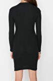 Moda Slim Casual Günlük Rejenere Kaşkorse Örme Dik Yaka Uzun Kol Bodycone Mini Boy Elbise