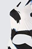 Kadın Moda Atma Kap Askılı Brazilian Yaka Soyut Desenli Tek Omuz Cut Out Pencereli Regular Mayo