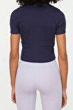 Moda Polo Yaka Örme Slim Slogan Desen Casual Günlük Crop Kısa Kol Bluz
