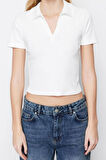 Moda Polo Yaka Örme Slim Slogan Desen Casual Günlük Crop Kısa Kol Bluz