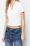 Moda Polo Yaka Örme Slim Slogan Desen Casual Günlük Crop Kısa Kol Bluz