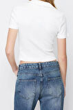 Moda Polo Yaka Örme Slim Slogan Desen Casual Günlük Crop Kısa Kol Bluz