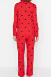 Tarz Rahat Uzun Kollu Boru Paça %100 Pamuklu Kalp Desenli Örme Pijama Takımı