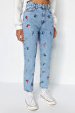 Stil Kadın Moda Denim Kot Pantolon Regular Dar Paça Mavi Nakışlı Yüksek Bel Mom Jeans
