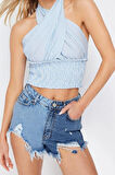 Moda Kruvaze Örme Regular Çizgili Desen Plaj Crop Kolsuz Bluz