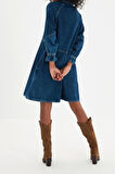 Moda Regular Casual Günlük Twill Denim Gömlek Yaka Uzun Kol A-Line Mini Boy Elbise