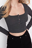 Moda Kare Yaka Örme Slim Düz Desen Casual Günlük Crop Uzun Kol Bluz