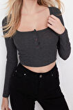 Moda Kare Yaka Örme Slim Düz Desen Casual Günlük Crop Uzun Kol Bluz