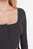 Moda Kare Yaka Örme Slim Düz Desen Casual Günlük Crop Uzun Kol Bluz