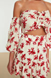 Moda Yüksek Bel Çiçekli Carmen Yaka Balon Kol Plaj Dokuma Balon Kollu Bluz Etek Takım