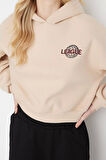 Tarz Relaxed Kapüşonlu Düşük Kol Crop Sırt Baskı Detaylı Kalın İçi Polarlı Örme Sweatshirt