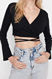 Moda Kruvaze Örme Slim Düz Desen Casual Günlük Crop Uzun Kol Bluz