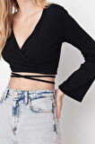 Moda Kruvaze Örme Slim Düz Desen Casual Günlük Crop Uzun Kol Bluz